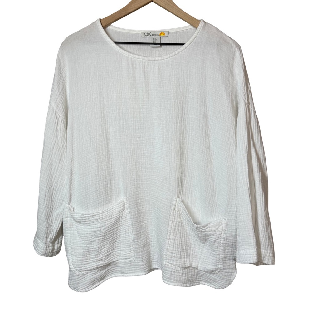 C&C California Gauze Bright White Bell Long Sleeves Womens S Top Front Pockets
